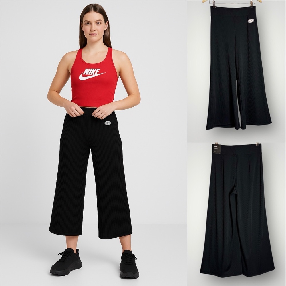 Nike Cropped Ribbed Wide Leg Pants Size Small High Waist Stretch Elastic Waist